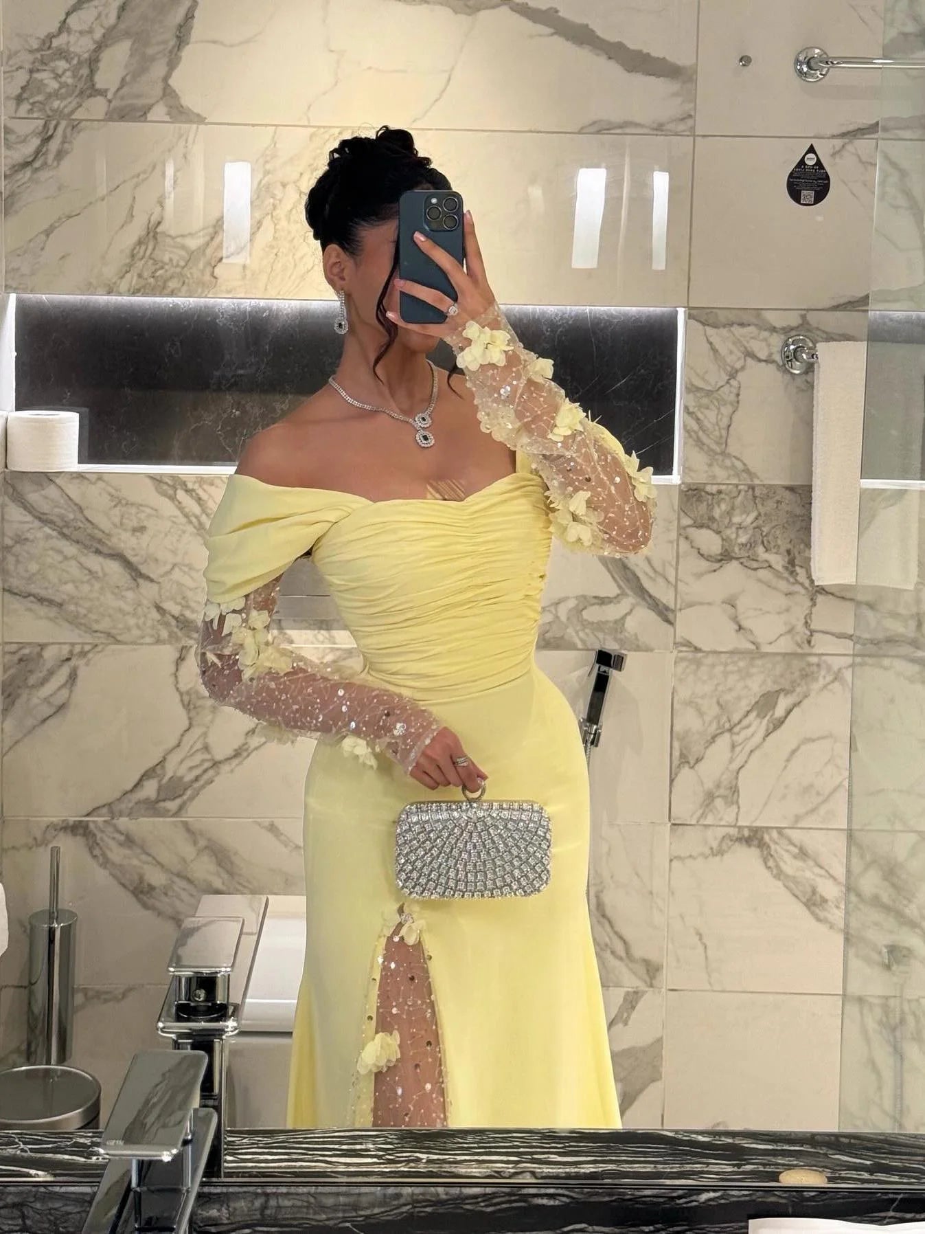 Off-Shoulder Long Sleeves Sheath High Slit Floral Ruched Satin Prom Dress with Beads Party Dress