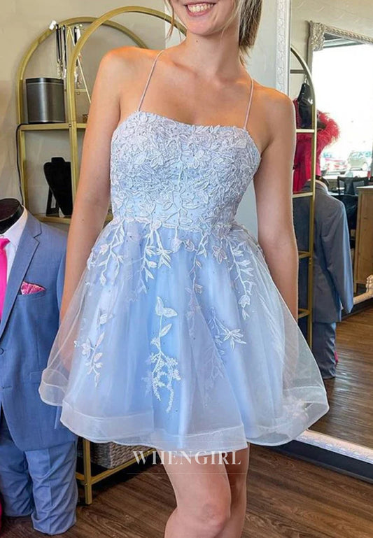 Light Blue Sleeveless Spaghetti Straps Appliqued Lace Tulle Short A-Line Homecoming Dress