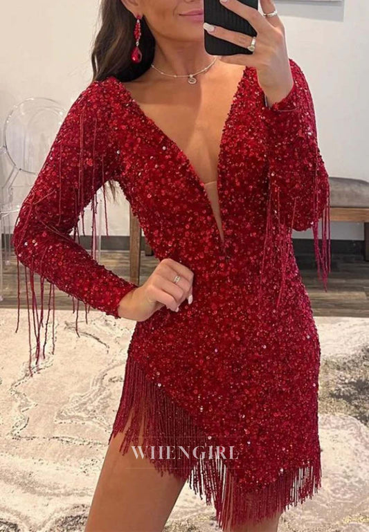 Burgundy V Neck Beads Long Sleeves Tassel Asymmtrical Hem Short Homecoming Dress