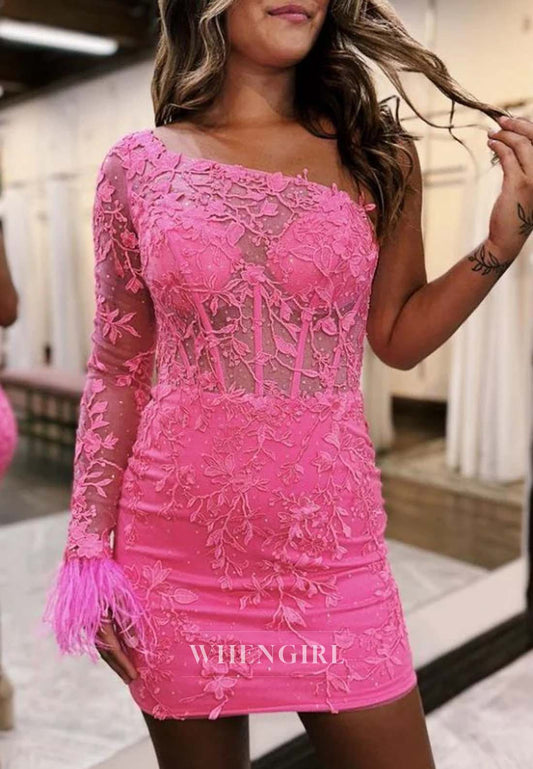 Watermelon One Shoulder Appliqued Lace Feather Single Sleeves Back Zipper Homecoming Dress