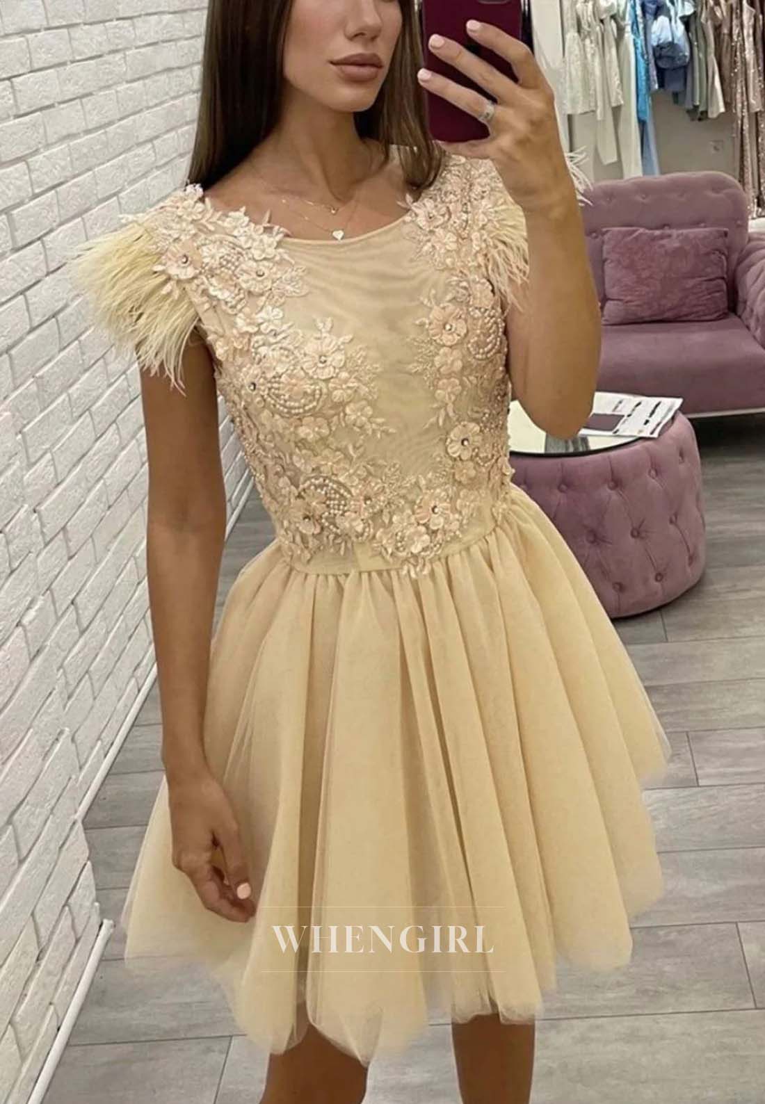 Yellow Scoop Neck Sleeveless Feather Appliqued A-Line Tulle Short Homecoming Dress