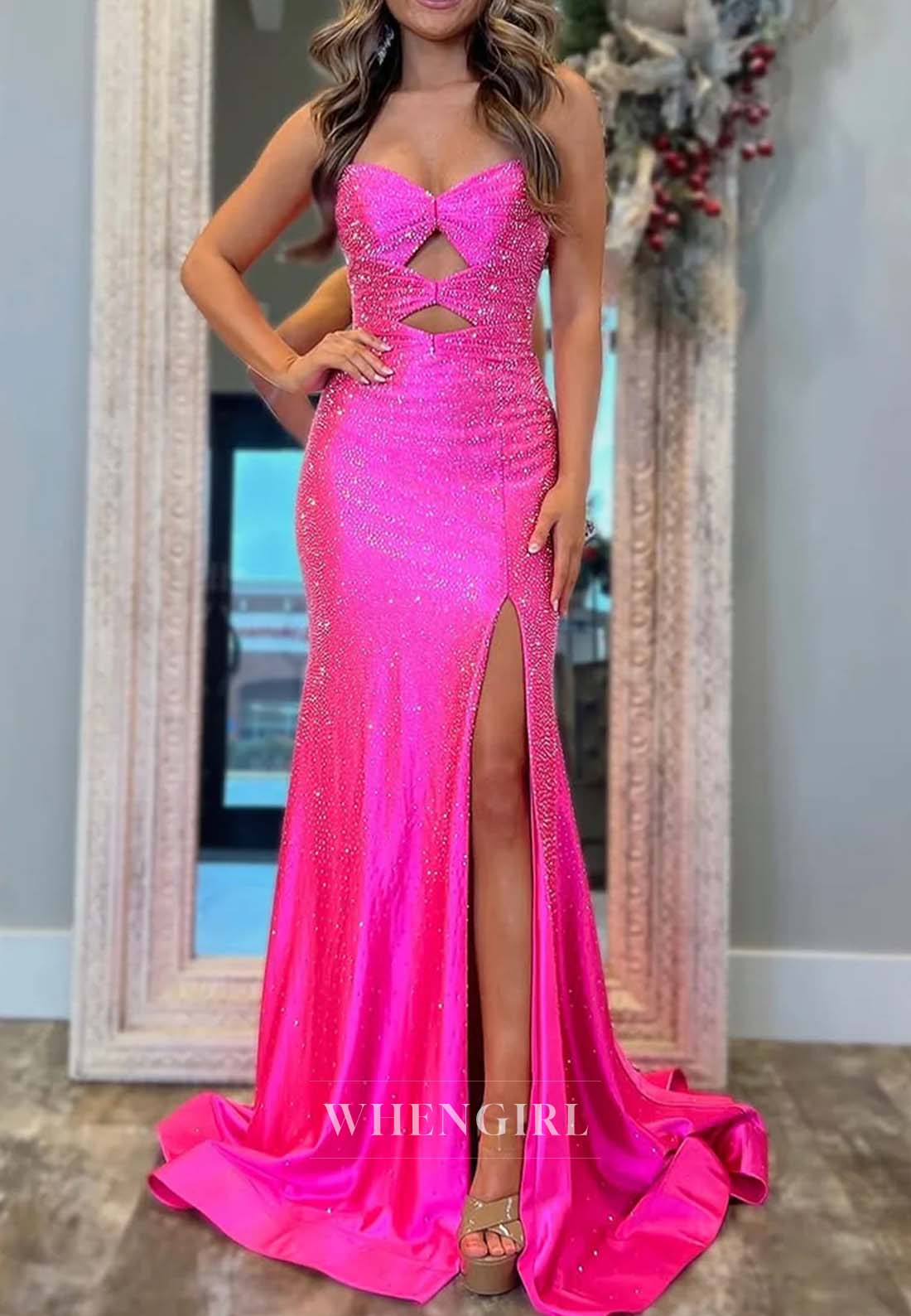 Sweetheart Sleeveless Cut Out Formal Dress Side Slit Beaded Sweep Train Sheath Evening Dress