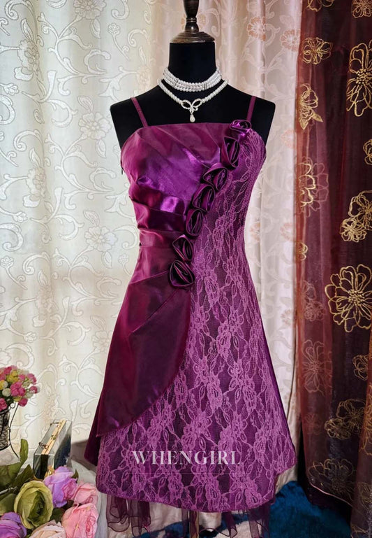 Grape 3D Flowers Sleeveless Pleated Appliqued Lace Sheath Short Homecoming Dress