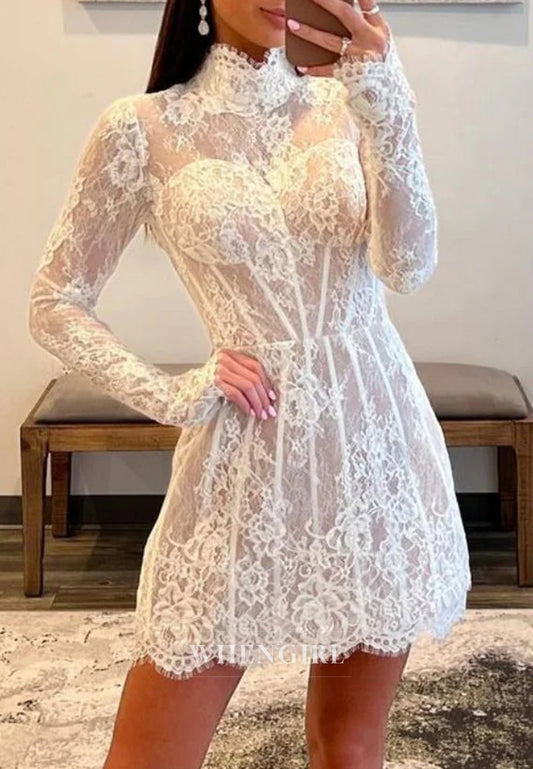 Ivory High Neck Long Sleeves Appliqued Lace Sheath Back Zipper Short Homecoming Dress