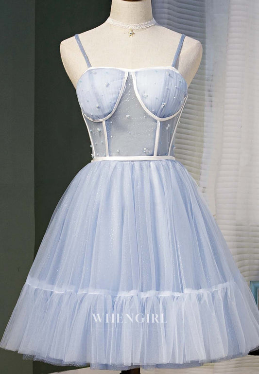 Light Blue Off Shoulder Sleeveless A-Line Tulle Lace Up Short Homecoming Dress