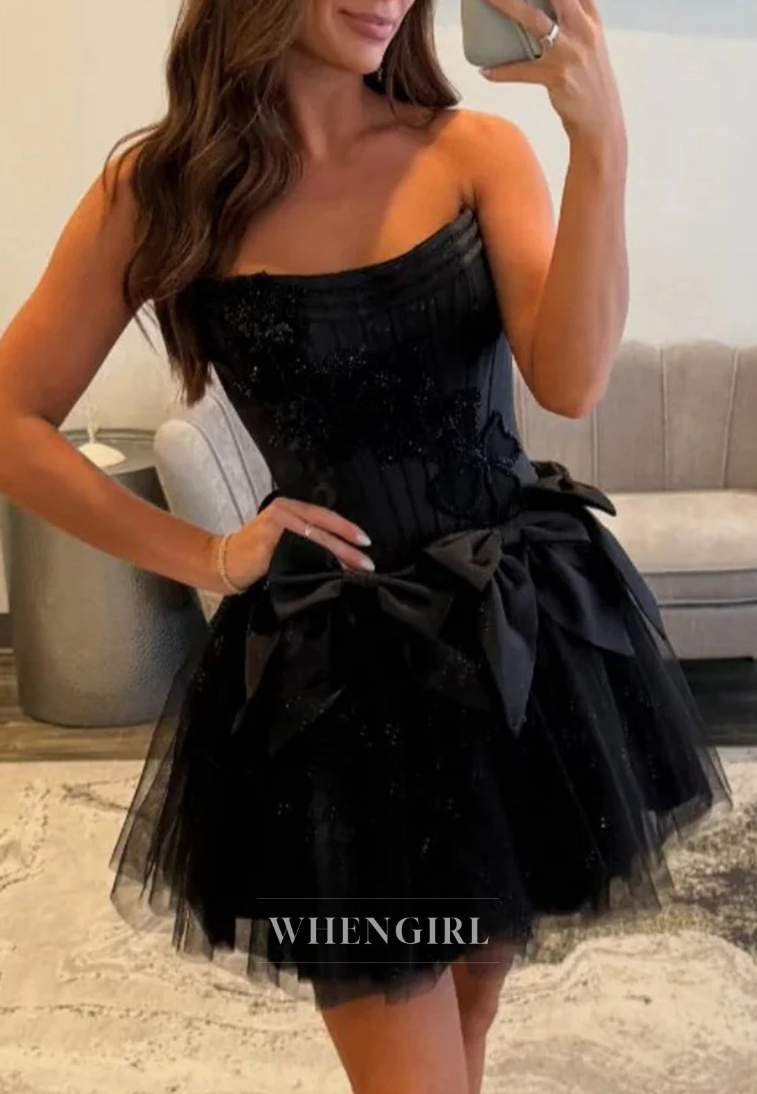Black A-line Bowknot Short Sleeveless Strapless Zipper Corset Homecoming Dress