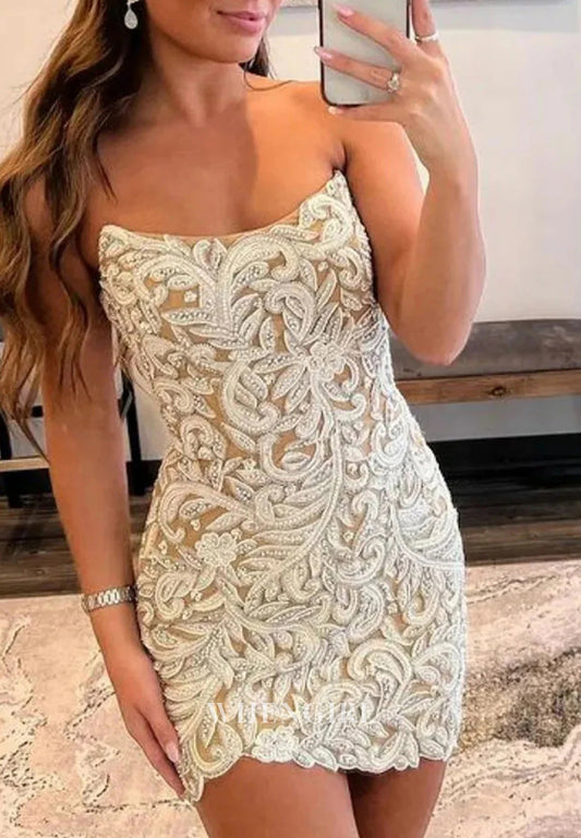 Sheath Sleeveless Beaded Strapless Appliqued Back Zipper Short Homecoming Dress