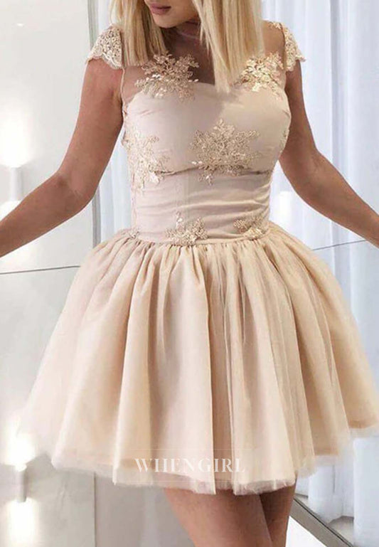 Light Champagne Illusion Neck Cap Sleeves Appliqued Lace Ball Gown Short Homecoming Dress