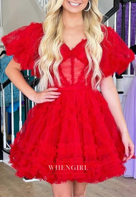 A-Line Short Sleeves Sweetheart Back Zipper Homecoming Dress