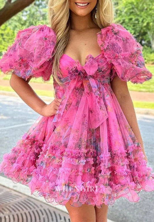 A-Line Tulle Short Puff Sleeves Multi Tiered Bowknot Floral Short Homecoming Dress