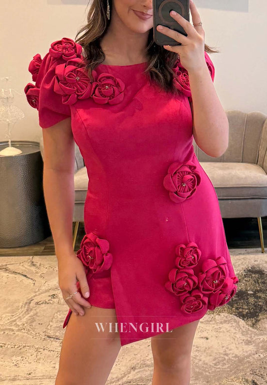 Red Bateau Neck Short Sleeveless 3D Flowers Back Zipper Short Sheath Homecoming Dress