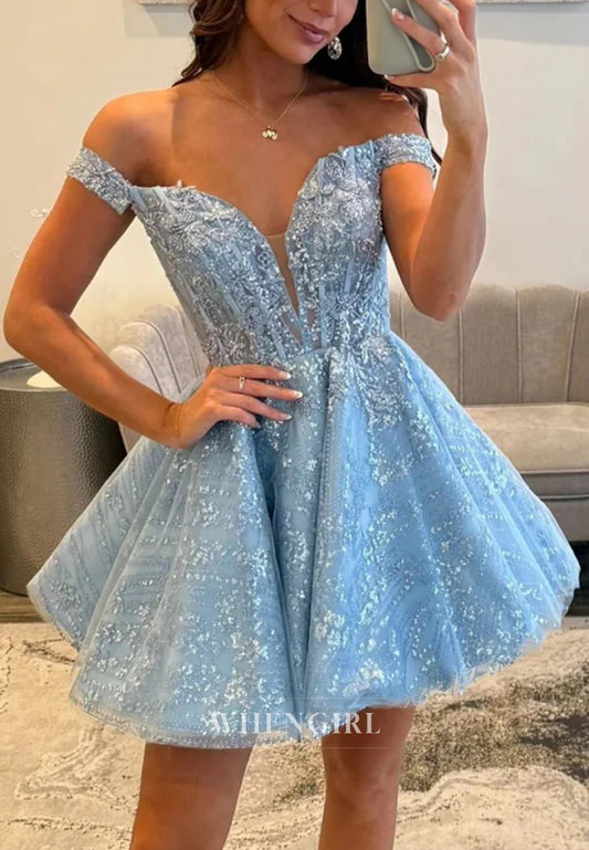 Sky Blue V Neck Off Shoulder Sleeveless Beaded Back Zipper A-Line Short Homecoming Dress