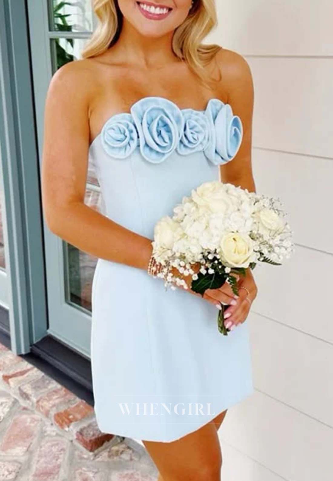 Light Blue Tube Top Sleeveless 3D Flowers Short Sheath Homecoming Dress