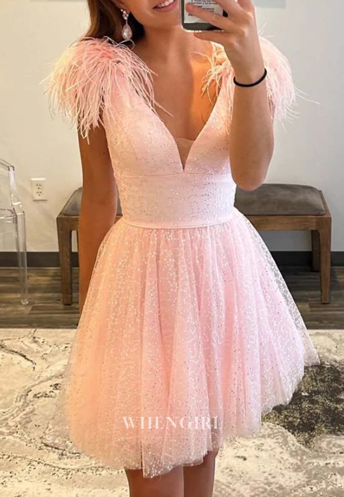 Blush V Neck Feather Sleeveless A-Line Short Beads Homecoming Dress