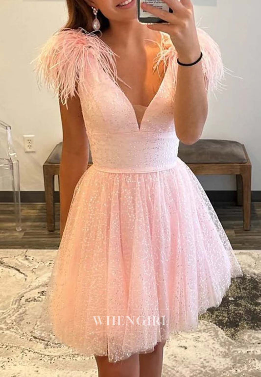 Blush V Neck Feather Sleeveless A-Line Short Beads Homecoming Dress