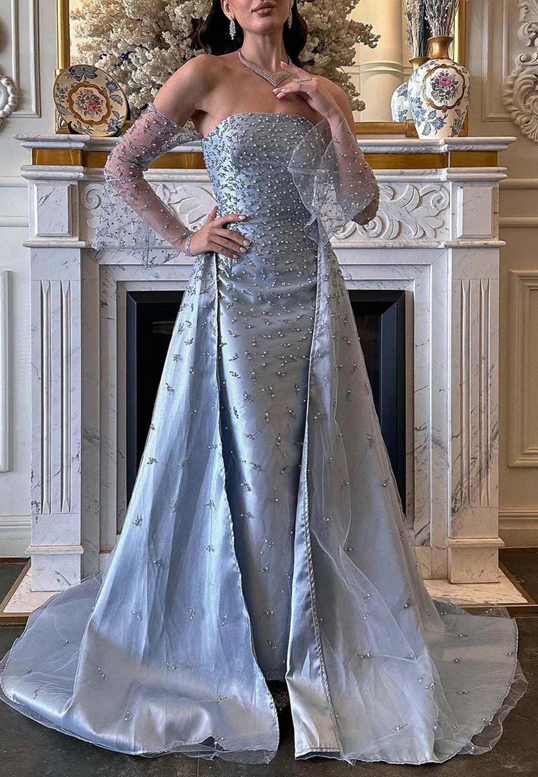 Sky Blue Off Shoulder Beaded Illusion Long Sleeves Sheath Sweep Train Formal Dress Evening Gown