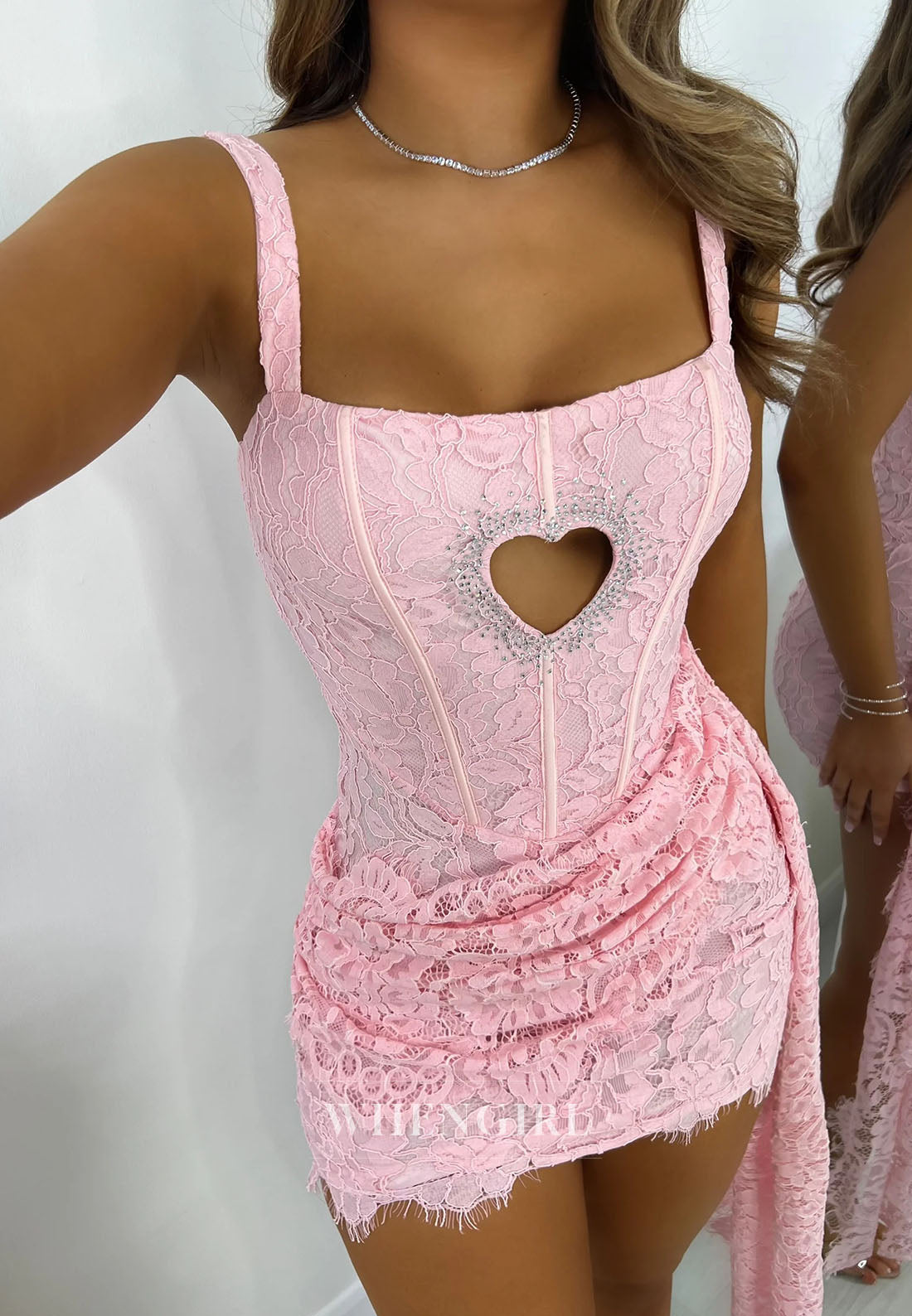 Light Pink Square Neck Sleeveless Beaded Cut Out Lace Short Sheath Homecoming Dress