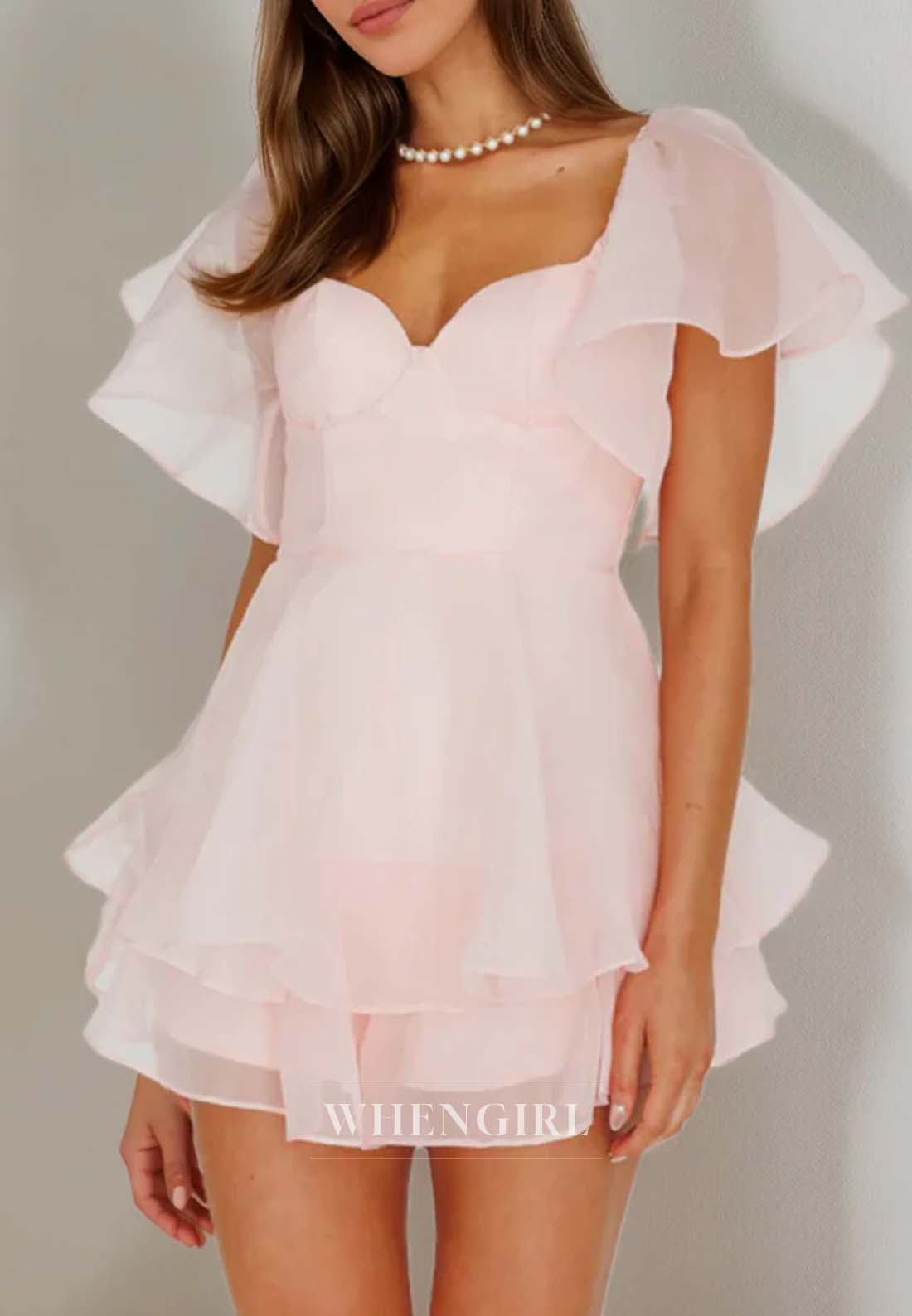 Light Pink Short Sleeves Sweetheart Ruffles A-Line Short Homecoming Dress