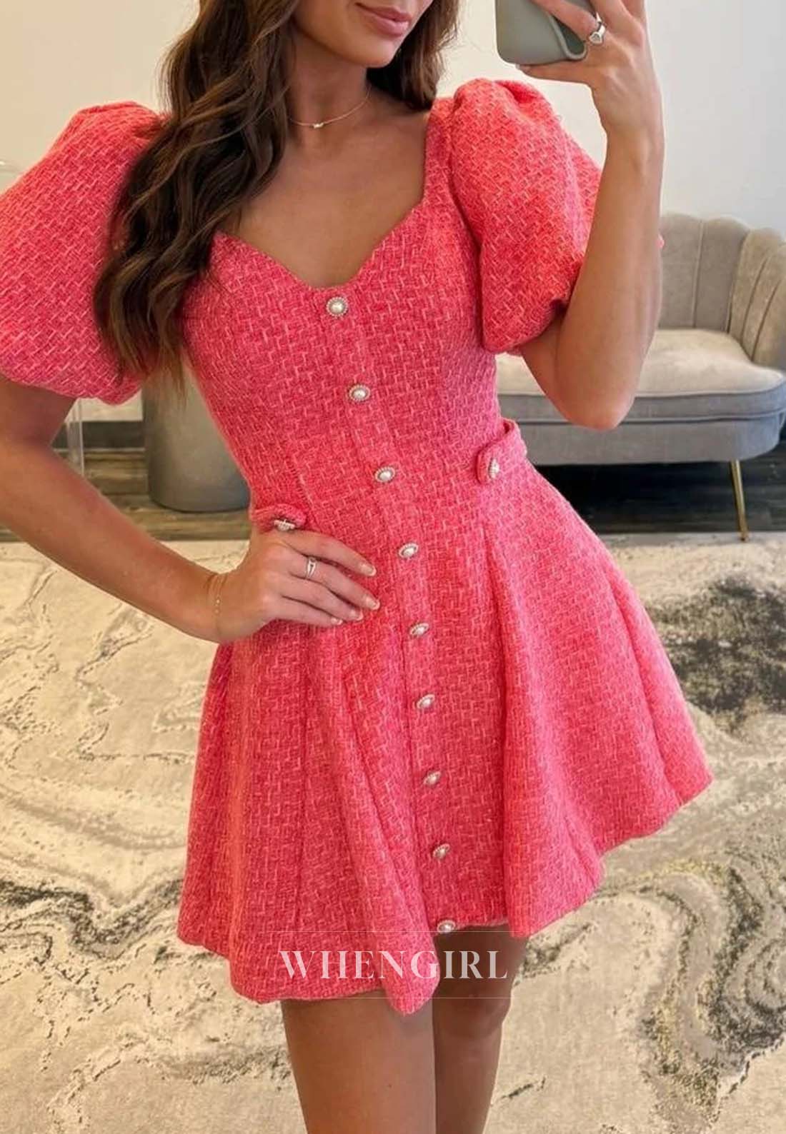 A-Line V Neck Short Puff Sleeves Buttons Short Homecoming Dress