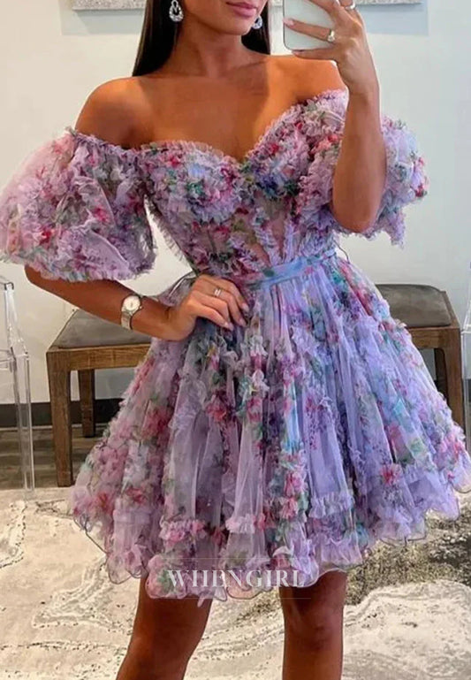 A-Line Floral Short Puff Sleeves Sweetheart Back Zipper Bowknot Short Homecoming Dress