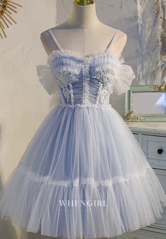 A-Line Light Blue Sleeveless Appliques Sweetheart Short Homecoming Dress