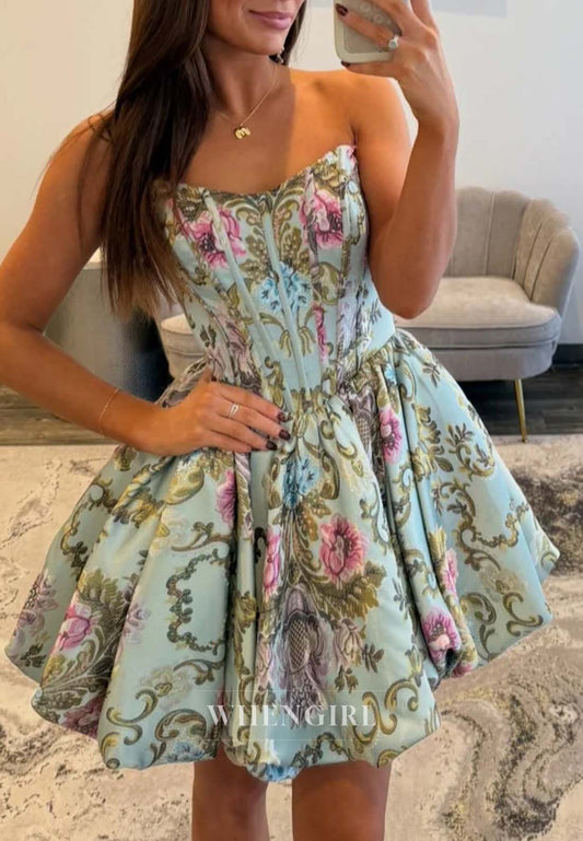Sleeveless Floral A-Line Back Zipper Strapless Short Homecoming Dress