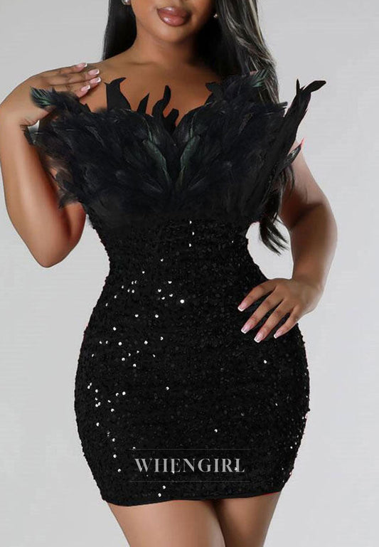 Black Sheath Sequins Feather Sleeveless Back Zipper Short Homecoming Dress