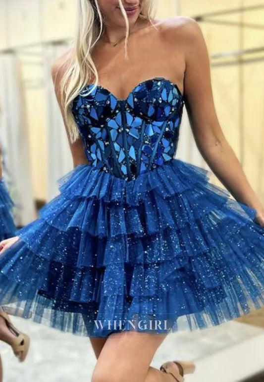 Sweetheart Sleeveless Multi Tiered Back Zipper Cut Glass Mirro Short A-Line Homecoming Dress