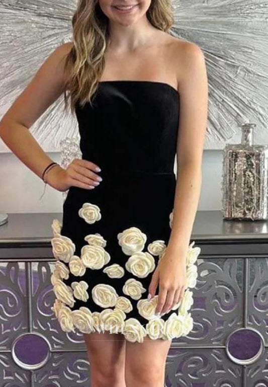 Black Sheath Tube Top Sleeveless Velvet White 3D Flower Short Homecoming Dress