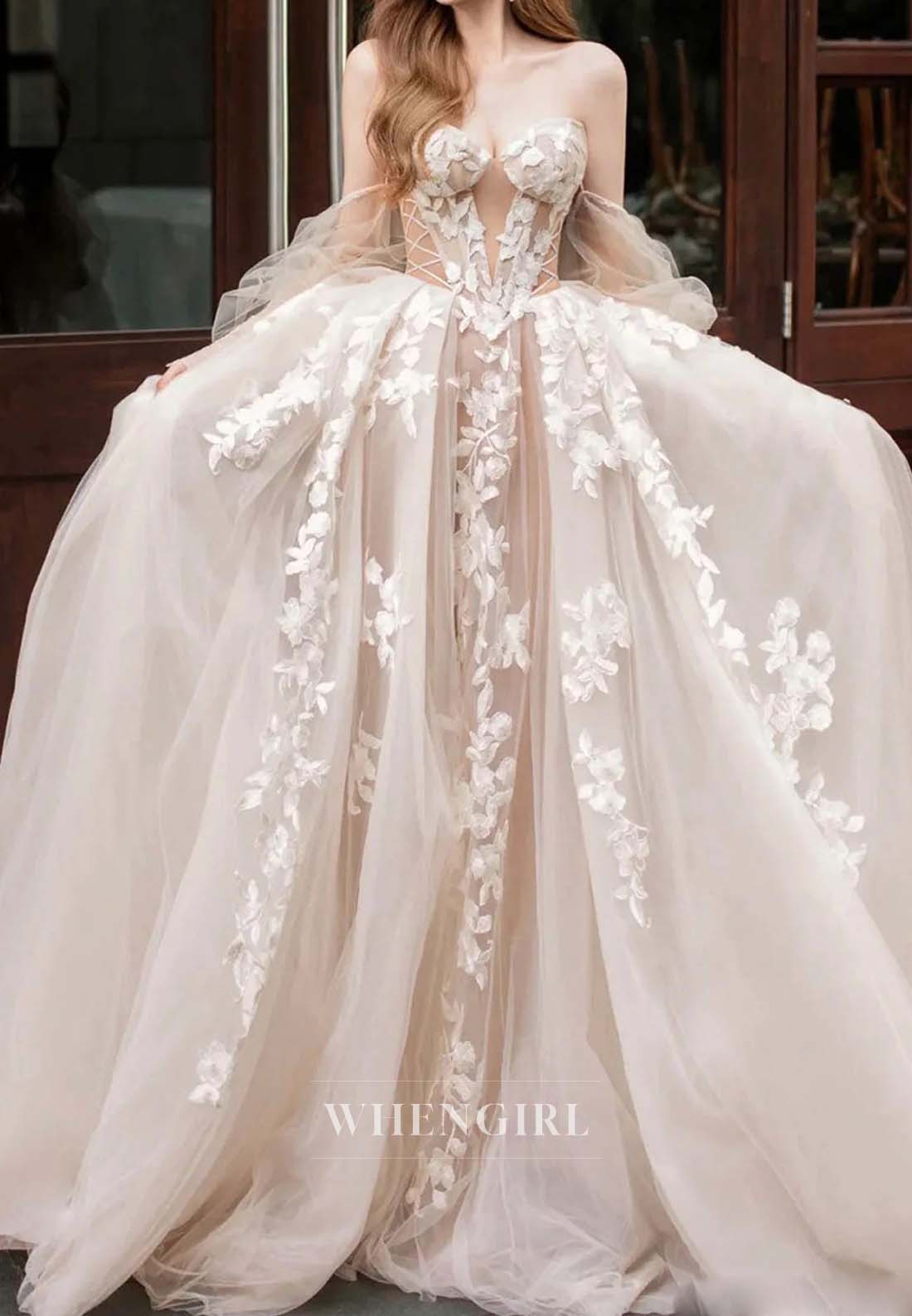 Sweetheart Off Shoulder Appliqued Lace Long Sleeves Tulle A-Line Wedding Dress with Weep Train