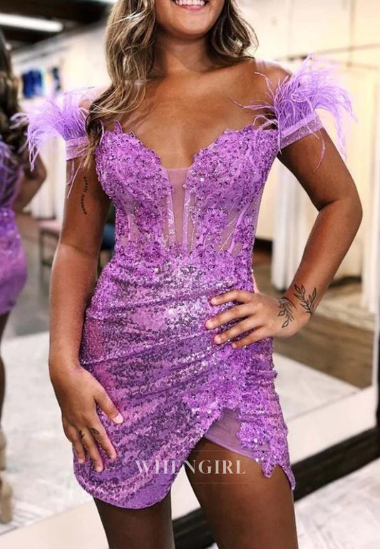 Off Shoulder Appliques Sequins Side Slit Pleated V Neck Lace Up Short Homecoming Dress