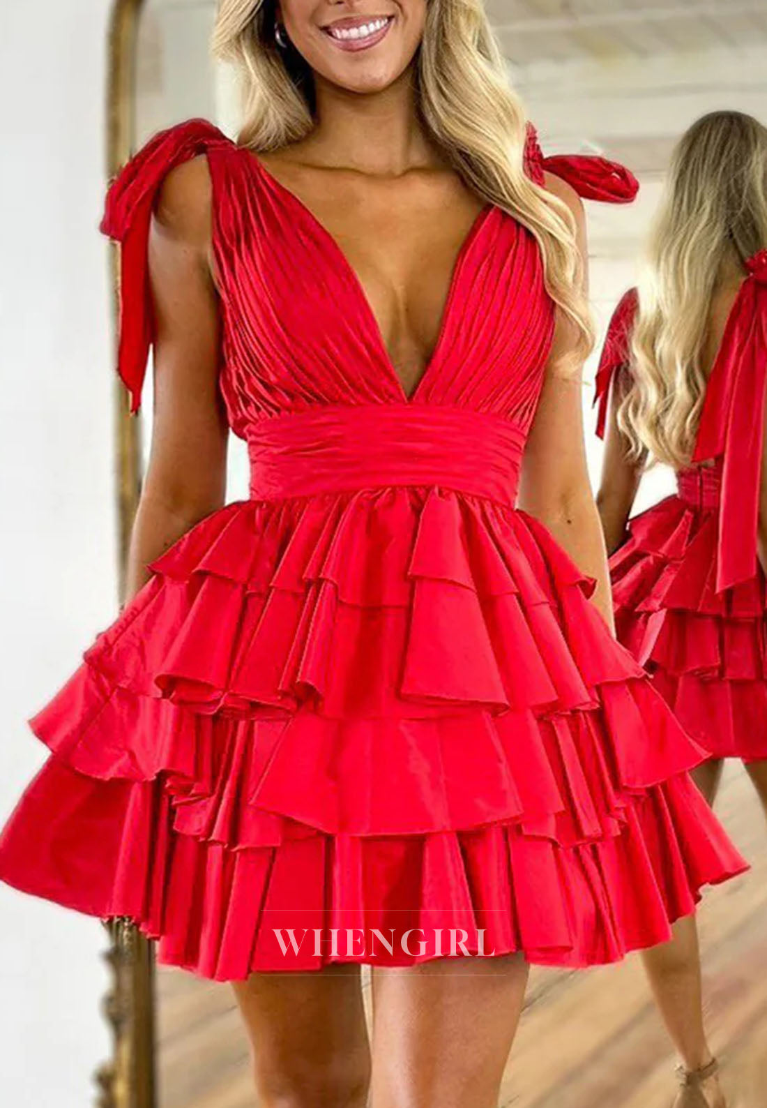 A-Line V Neck Sleeveless Multi Tiered Zipper Back Sleeveless Short Homecoming Dress