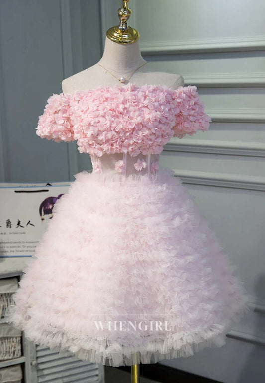 Light Pink Off Shoulder Floral A-Line Short Sleeves Lace Up Short Homecoming Dress