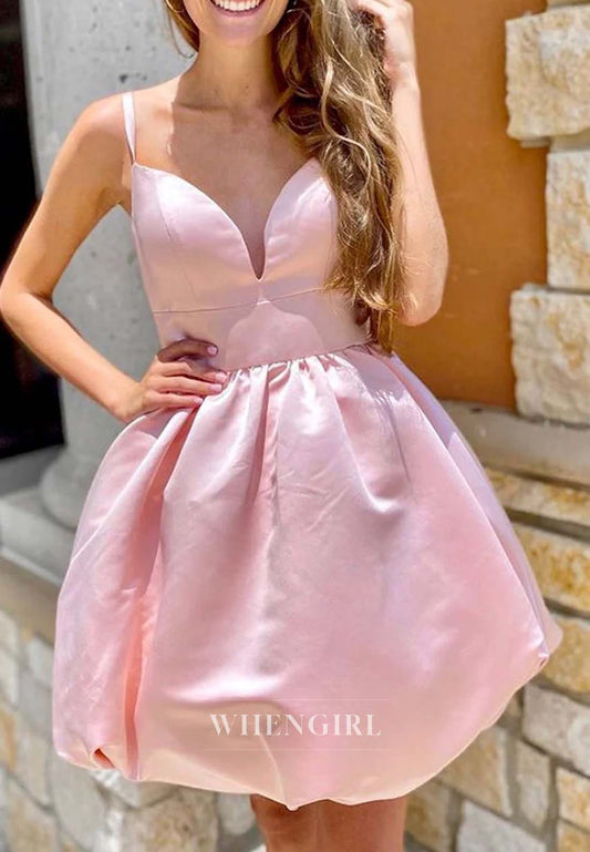 Light Pink V Neck Aleeveless Ball Gown Short Satin Homecoming Dress with Bowknot