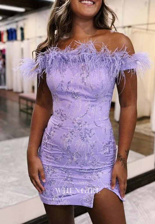 Lilac Sheath Sleeveless Off Shoulder Short Beaded Homecoming Dress