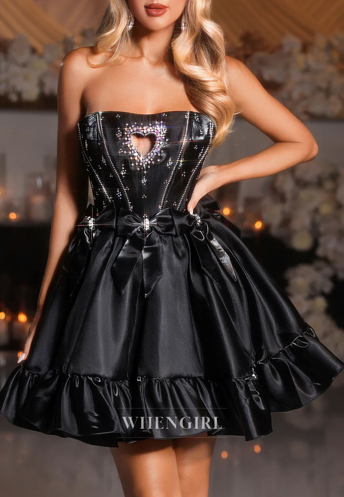 A-Line Strapless Bowknot Ruffles Back Zipper Beaded Heart-Shaped Hollow Short Homecoming Dress