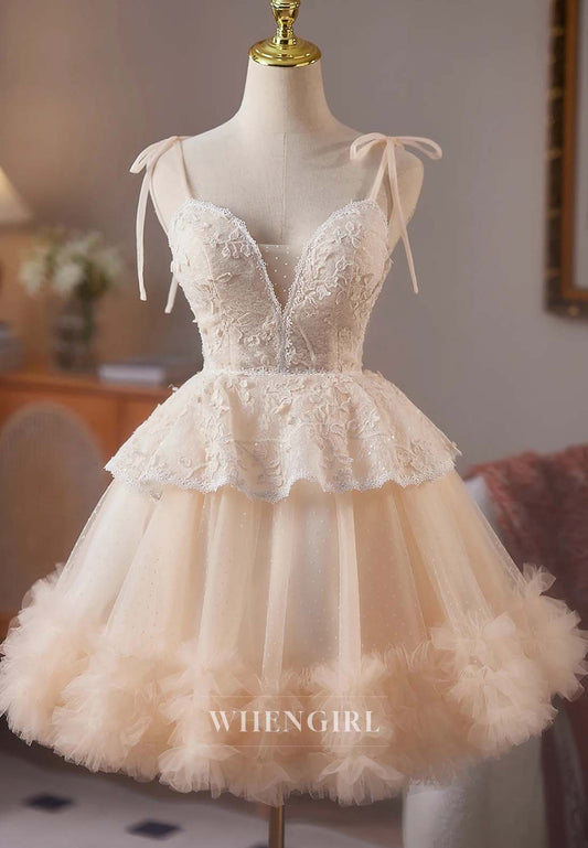 Light Champagne V Neck Sleeveless A-Line Lace Up Appliqued Lace Short Homecoming Dress