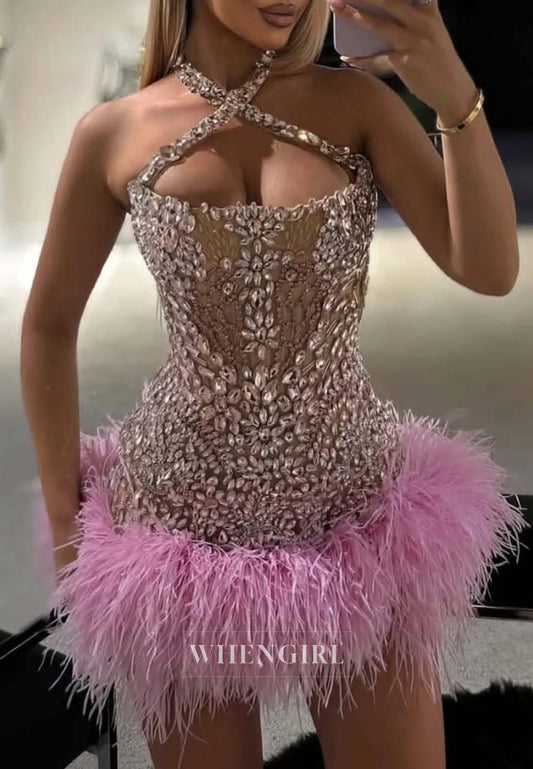 Gorgeous Cross Neck Rhinestone Beading Sleeveless Feather Sheath Short Homecoming Dress