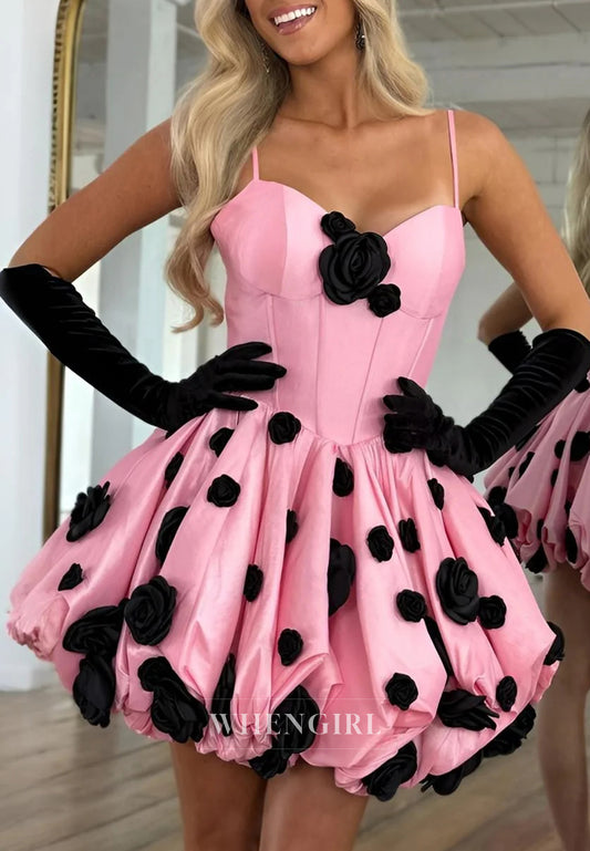 Blush Pink Sleeveless Spaghetti Straps Sweetheart A-Line Short Homecoming Dress with Black Folwers and Gloves