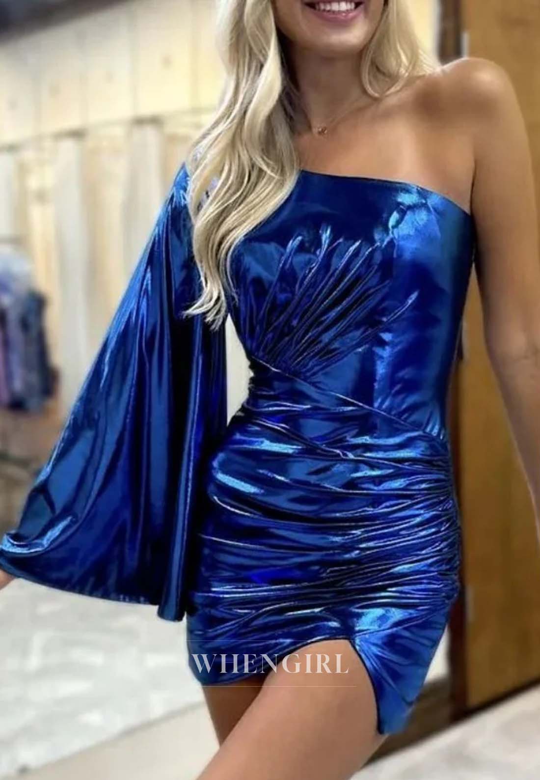 One Shoulder Single Sleeve Pleated Back Zipper Short Sheath Homecoming Dress