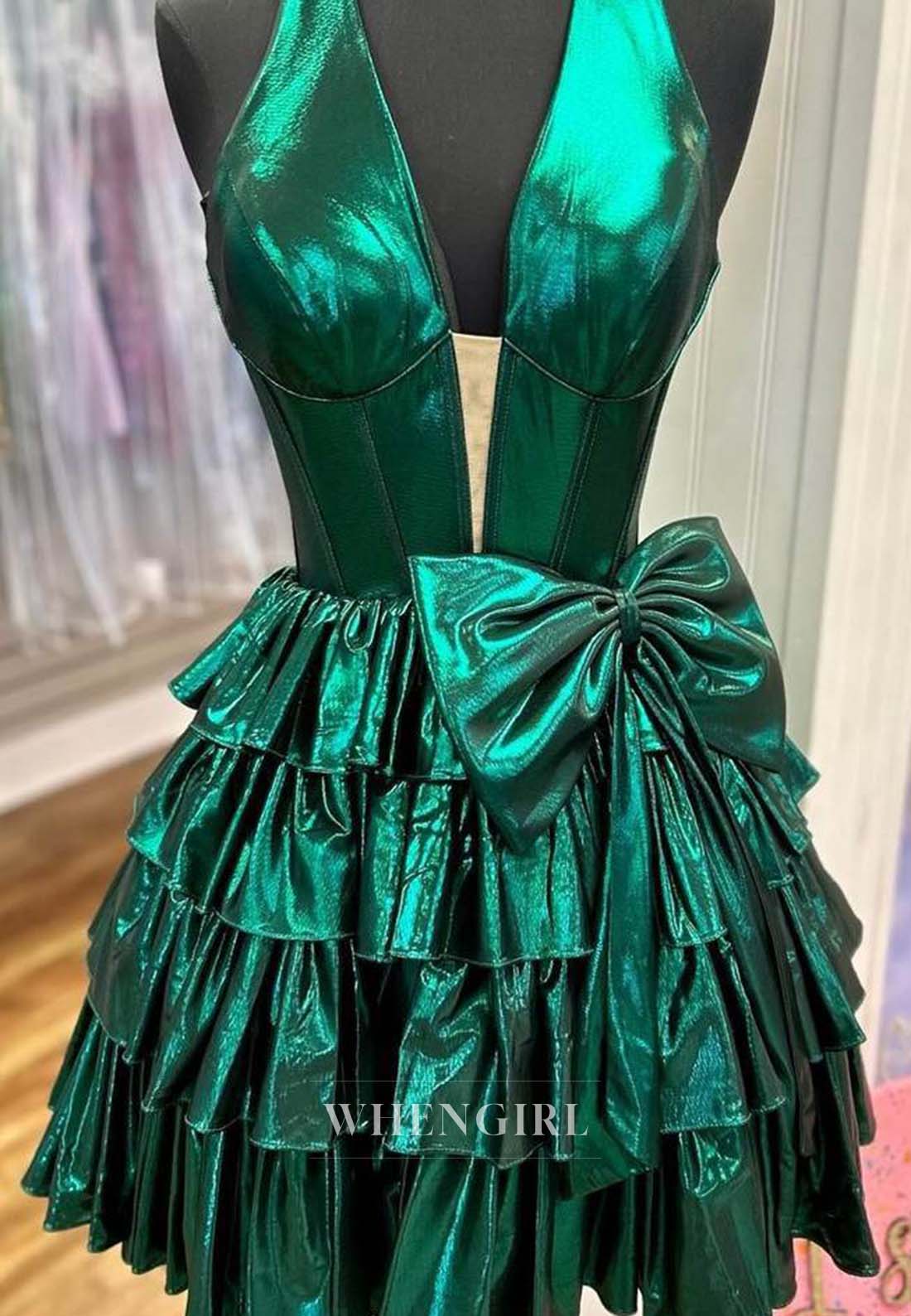 A-Line Sleeveless Halter V Neck Multi Tiered Bowknot Ruffles Short Homecoming Dress