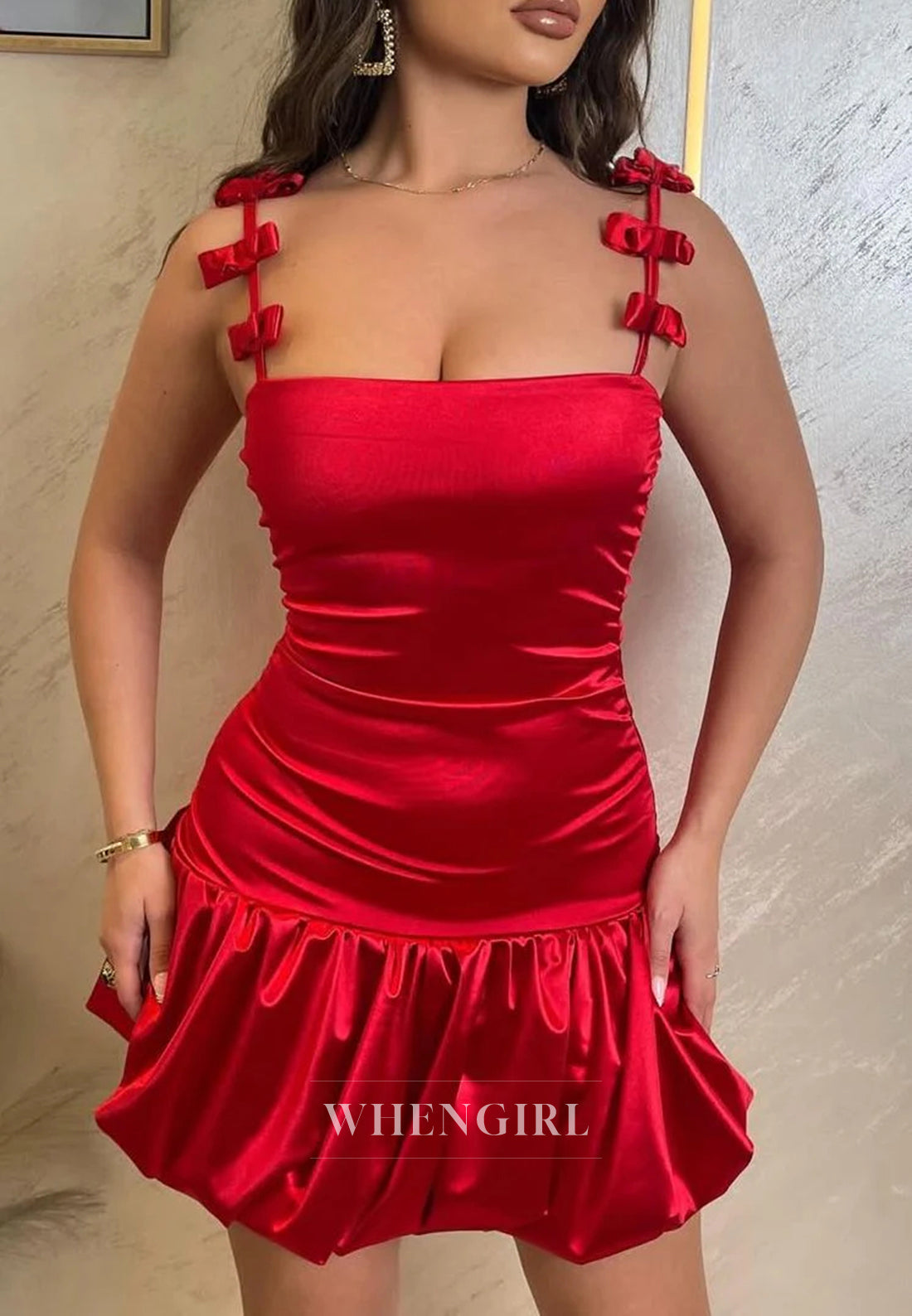 Red Square Neck Sleeveless Bowknot Straps Sheath Satin Short Homecoming Dress