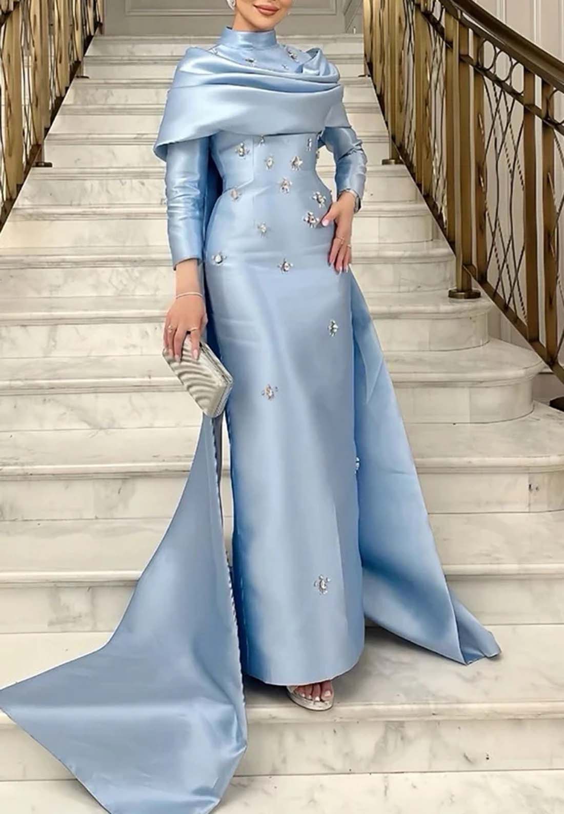 High Neck Long Sleeves Side Train Crystal Beaded Column Long Formal Dress Evening Gown