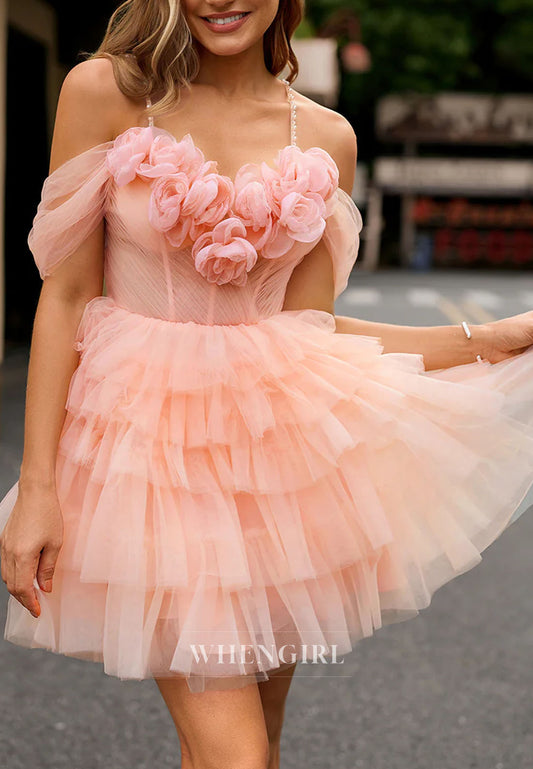 Pearl Pink Sweetheart 3D Flowers Back Zipper Multi Tiered Tulle A-Line Short Homecoming Dress