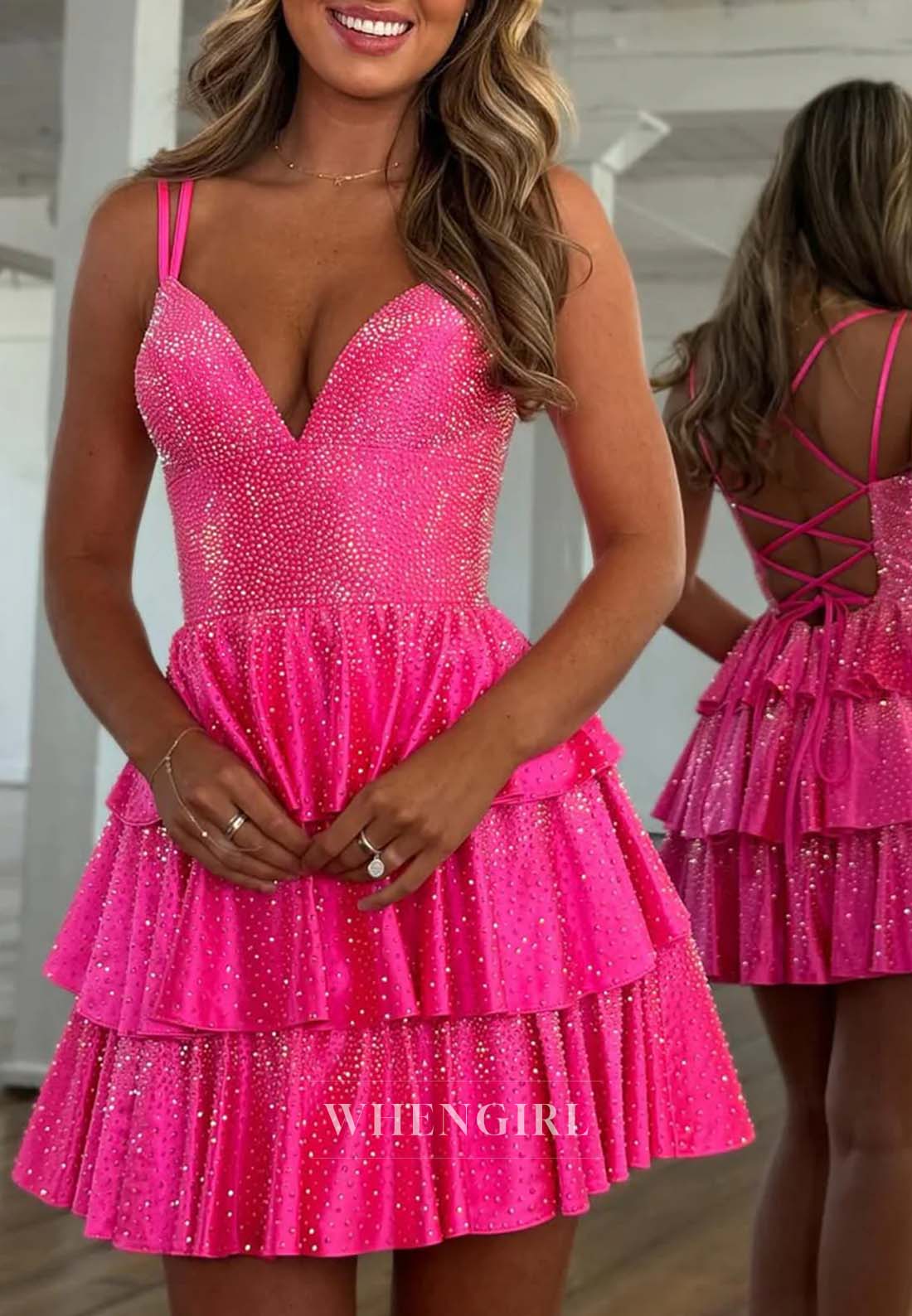 Lace Up Crystal V Neck Sleeveless A-Line Multi-Tiered Ruffle Short Homecoming Dress