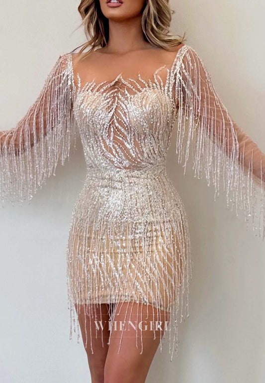 Asymmetrical Neck Long Sleeves Tassel Sheath Short Homecoming Dress