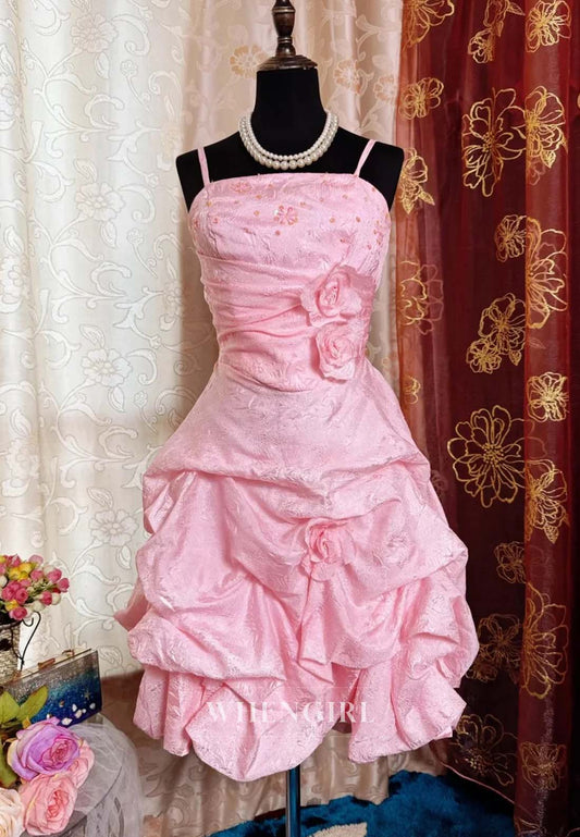 Candy Pink Ruched Flowers Beaded Back Zipper Sheath Short Homecoming Dress
