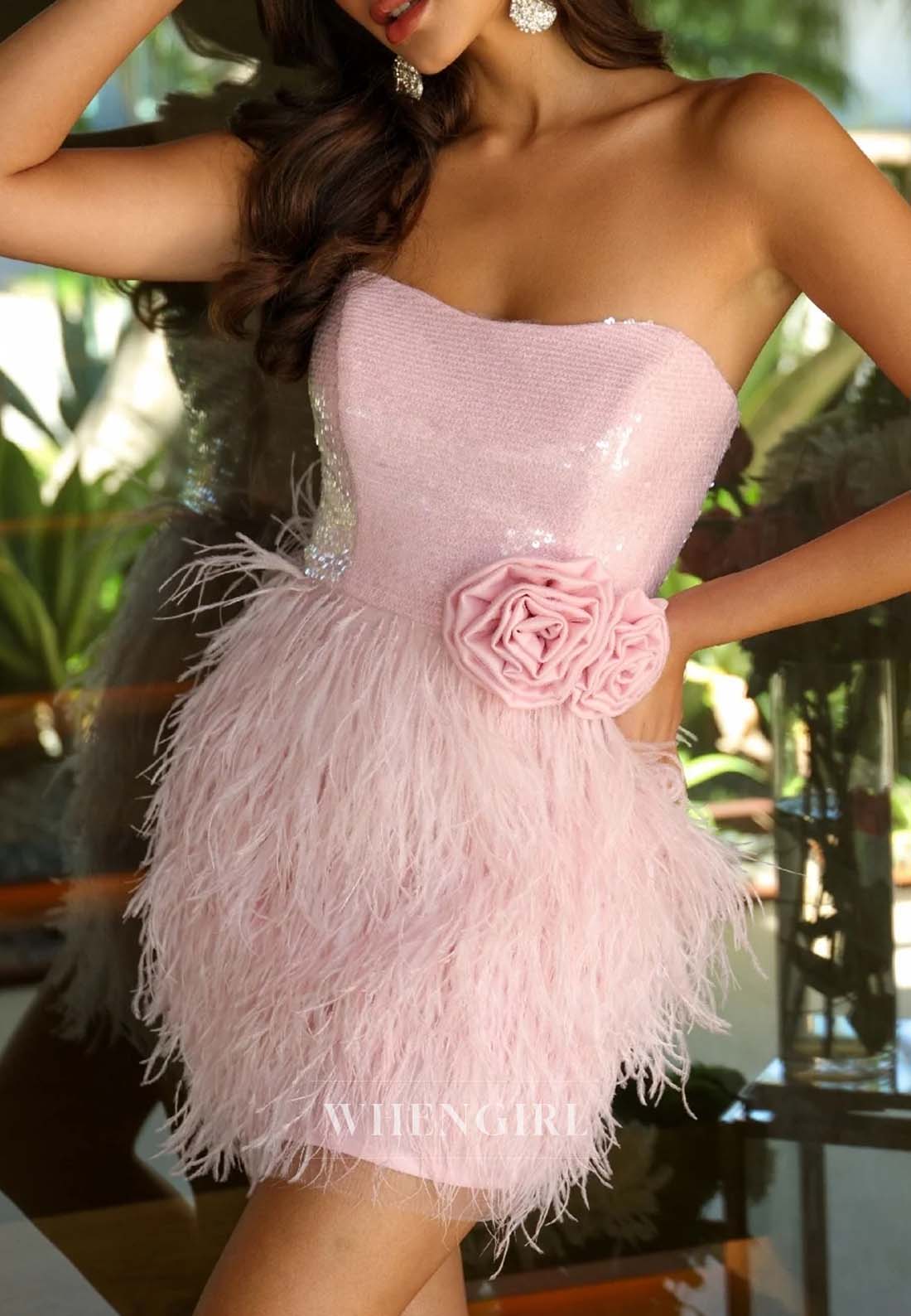 Blush Strapless Tube Top Feather 3D Flowers Sheath Short Homecoming Dress