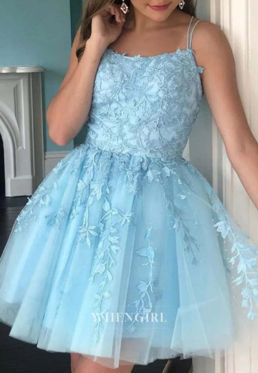 Sky Blue Spaghetti Straps Appliqued Lace Lace Up Sleeveless Short A-Line Homecoming Dress