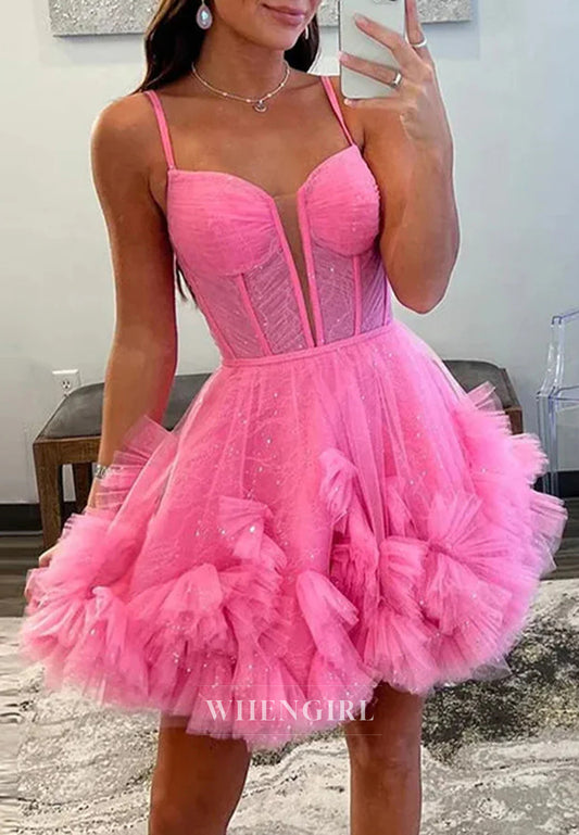 A-Line Sleeveless V Neck Multi Tiered Lace Up Short Tulle Homecoming Dress
